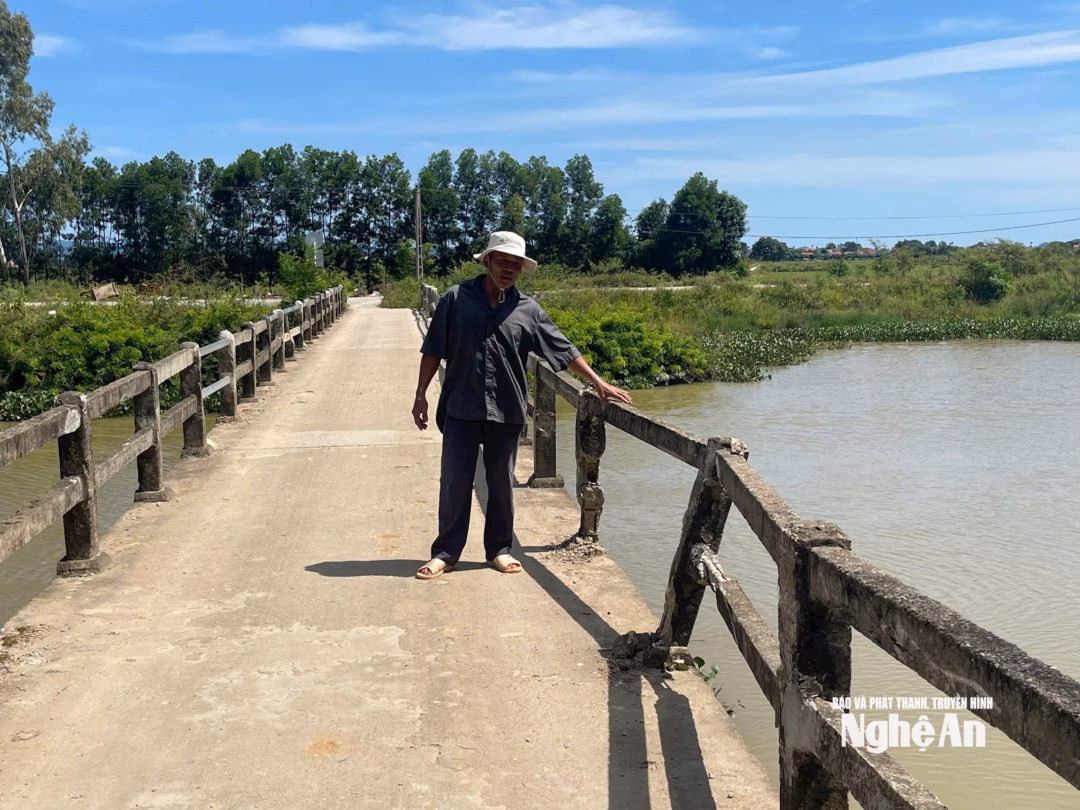 Cầu Biên Hòa xuống cấp nghiêm trọng, cần nâng cấp để đảm bảo an toàn giao thông Ông Cao Đình Hà - Trưởng thôn Phú Lâm bên lan can cầu đã bị gãy. Ảnh: Tiến Đông