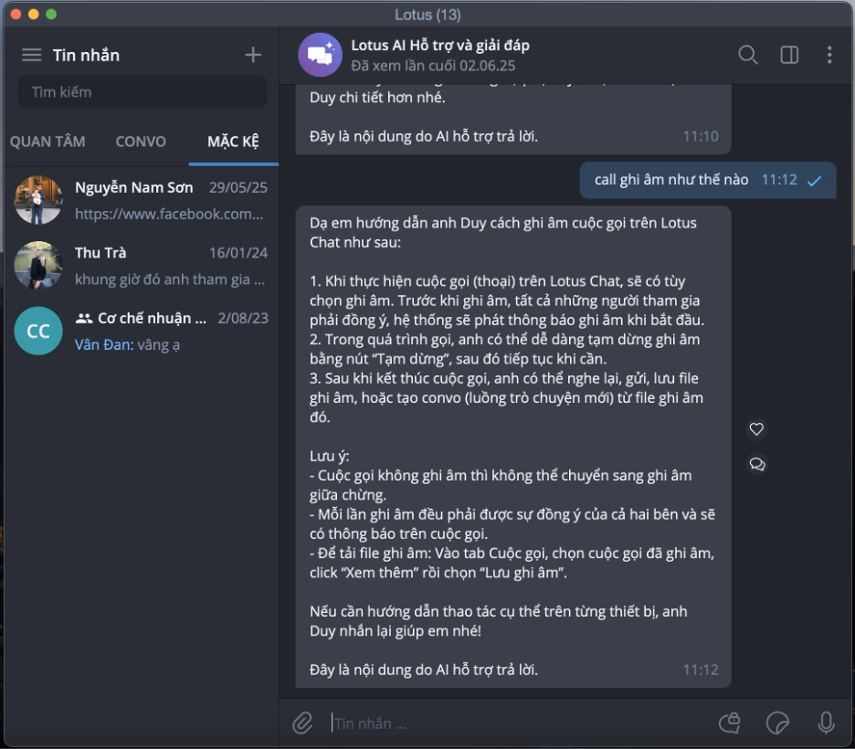 Tích hợp AI vào Lotus Chat Demo việc tích hợp AI vào trong Lotus Chat