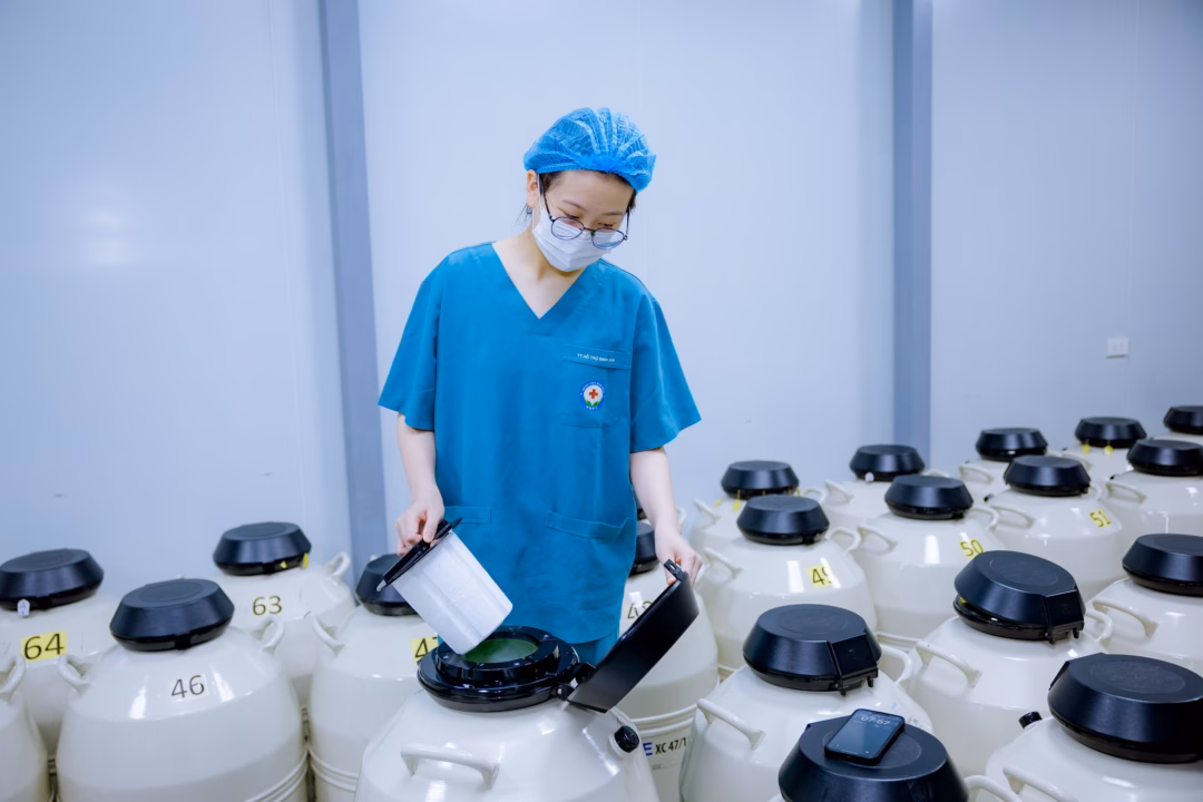 Các ống nhỏ được bảo quản trong nitơ lỏng ở nhiệt độ -196 độ C, nơi lưu trứng trững đông. Ảnh: BVCC.