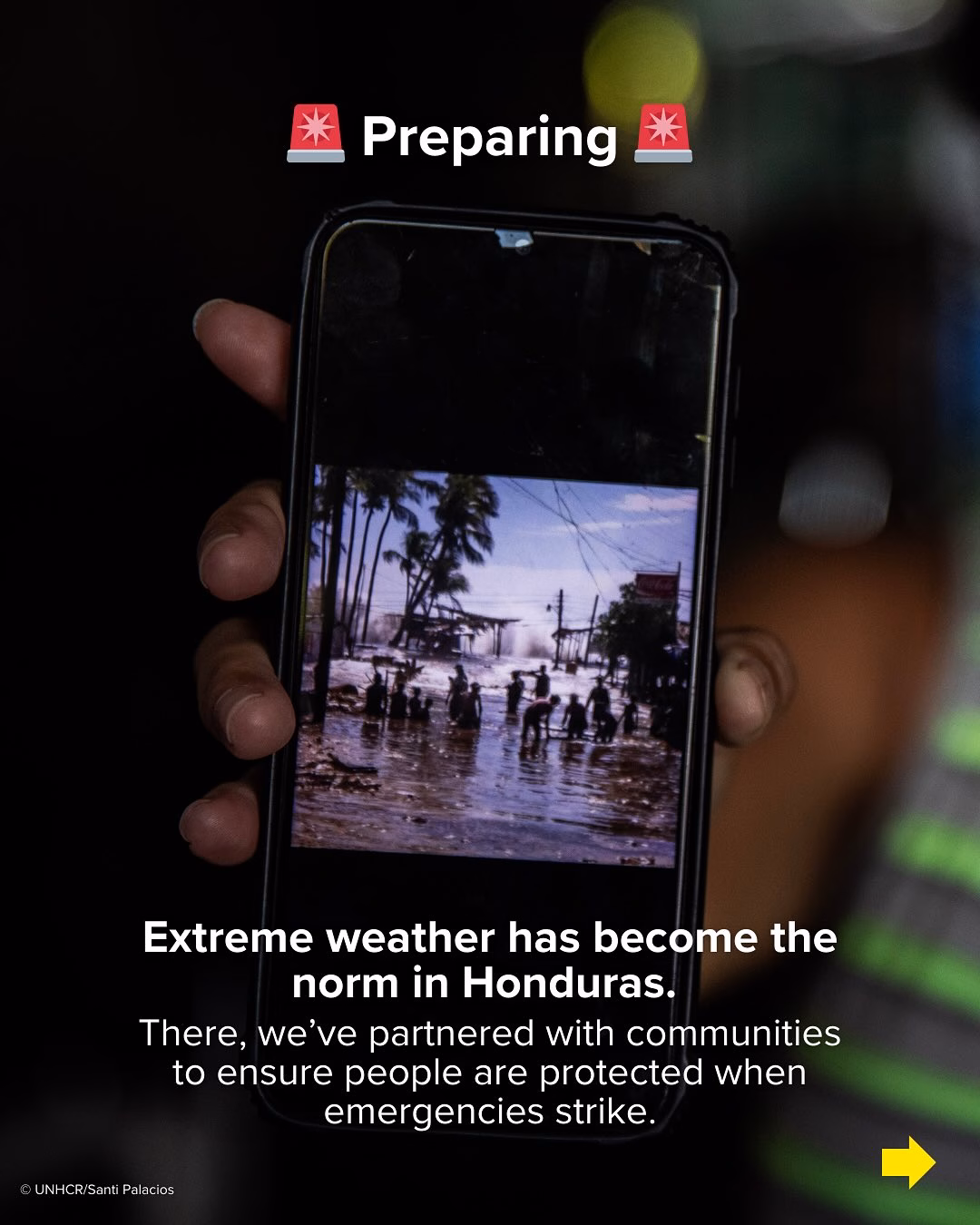 May be an image of 1 person, tornado, screen, umbrella and text that says '米 Preparing Extreme weather has become the Extreme norm in Honduras. There, we've partnered with communities to ensure people are protected when emergencies strike. UNHCR/Santi UNHCR:SantiPalacias Palacias'