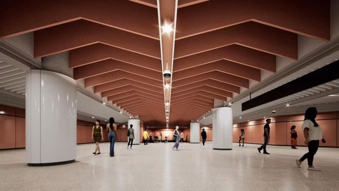 Trần nh&agrave; ga Bến Th&agrave;nh lấy h&igrave;nh ảnh chợ Bến Th&agrave;nh