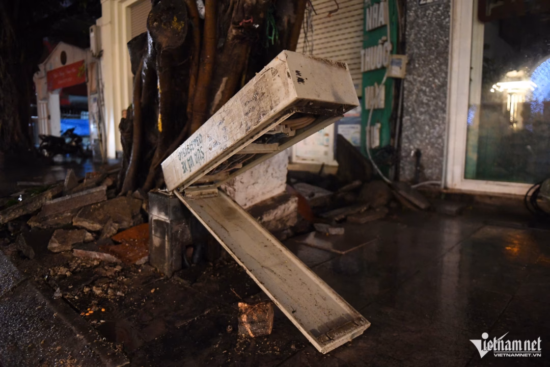 Một cây cổ thụ bị đổ trước cửa nhà số 228 Đội Cấn, trên đó có trụ điện của các hộ dân trong ngõ.