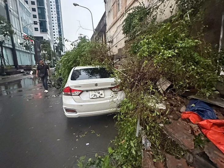Tại lối vào chung cư Gola Tower (275 đường Nguyễn Trãi) một cây đổ đè lên phần đầu chiếc ô tô - Ảnh: ANH HOÀNG