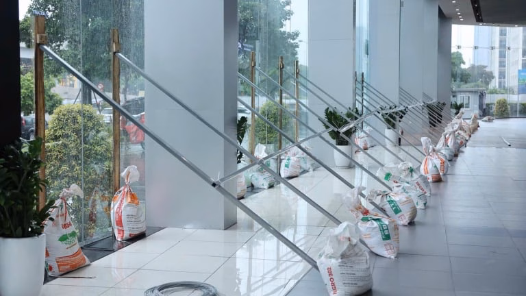 Trung tâm thương mại, chung cư, showroom ôtô ở Hà Nội gia cố cửa kính, chặn bao cát để chống bão số 3