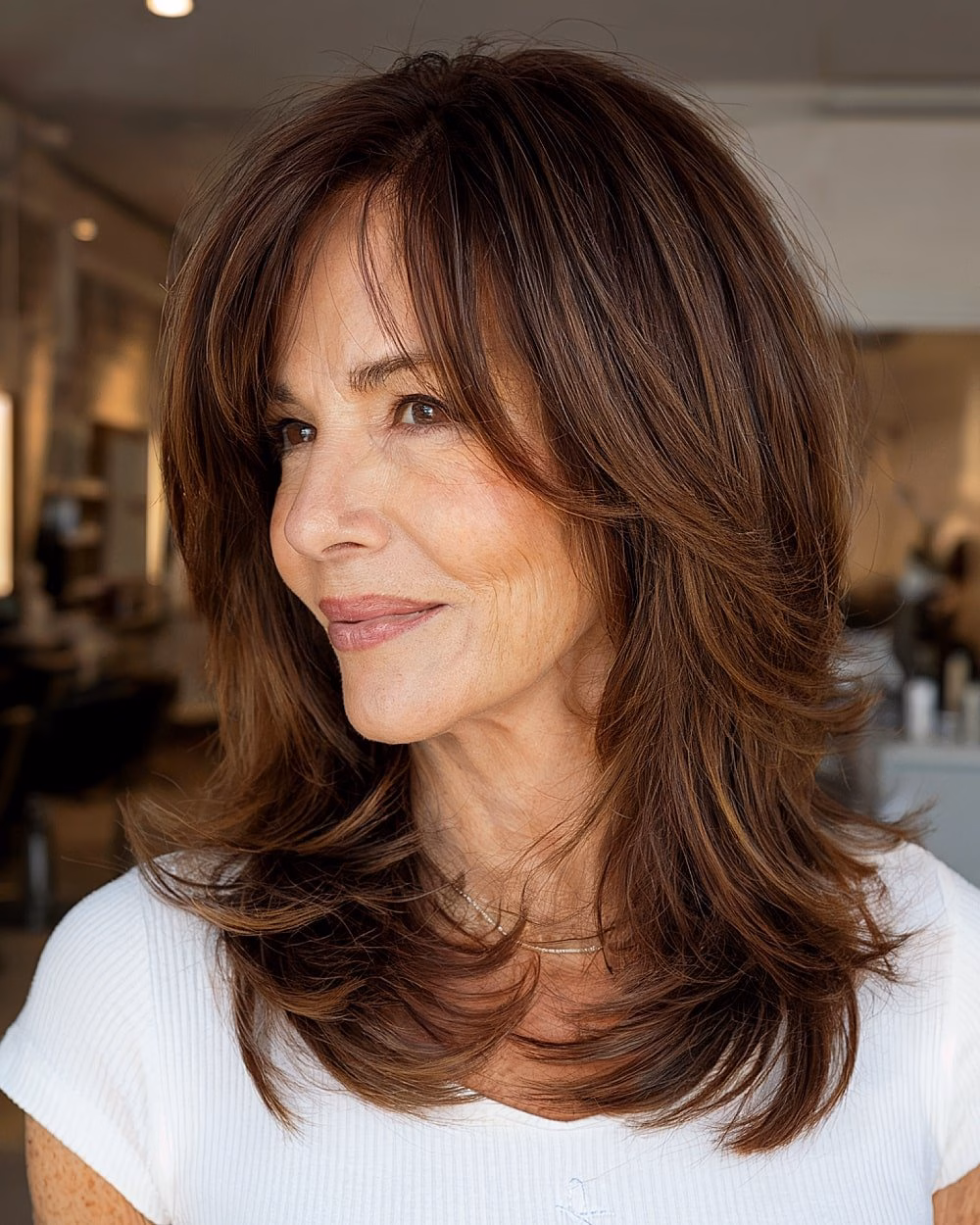 Medium-length voluminous layered haircut for thick brunette hair on women over 60