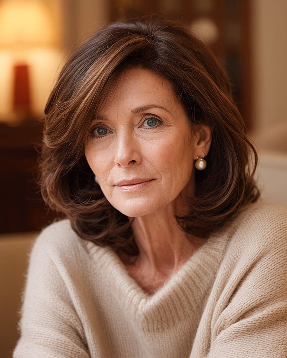 Medium butterfly haircut with shoulder-length layers and middle part on chestnut brown hair