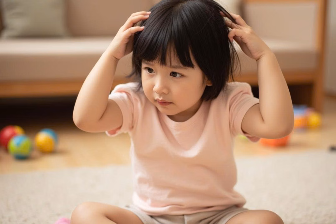 Hội chứng công chúa nguy hiểm thế nào Hội chứng Rapunzel có thể biểu hiện qua thói quen hay bứt tóc của trẻ (Ảnh minh hoạ: DallE).