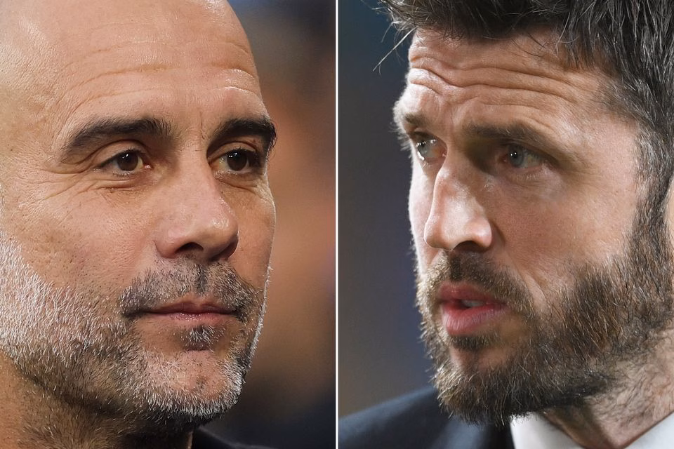 Pep Guardiola v&agrave; Michael Carrick khi c&ograve;n l&agrave; tiền vệ xuất ch&uacute;ng