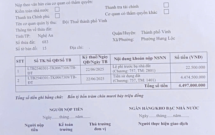 Thông báo nộp thuế Thông báo nộp thuế gần 4,5 tỉ đồng