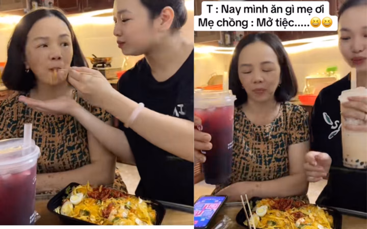 Mẹ chồng con dâu cùng ăn vặt Hai mẹ con ăn bánh tráng trộn và uống trà sữa cùng nhau