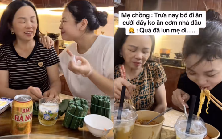 Mẹ chồng con dâu cùng nhậu Mẹ chồng nàng dâu cùng nhau ăn mì tôm, ăn nem chua uống bia