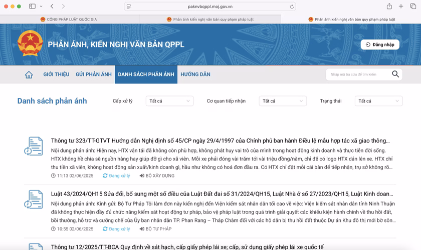 Danh sách phản hồi được gửi tới cơ quan có thẩm quyền