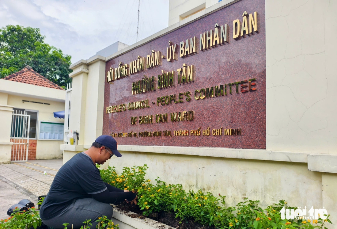 Đơn vị thi công trồng hoa trước bảng tên trụ sở Hội đồng nhân dân - Ủy ban nhân dân phường Bình Tân