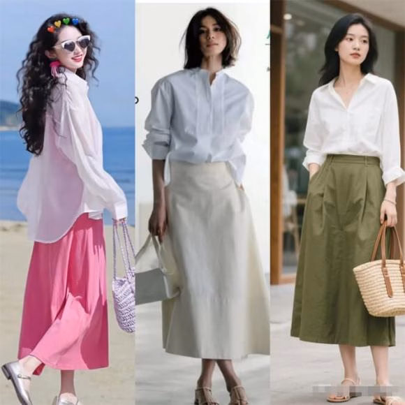 Áo sơ mi trắng kết hợp váy dài màu đen Áo sơ mi trắng kết hợp váy dài màu đen