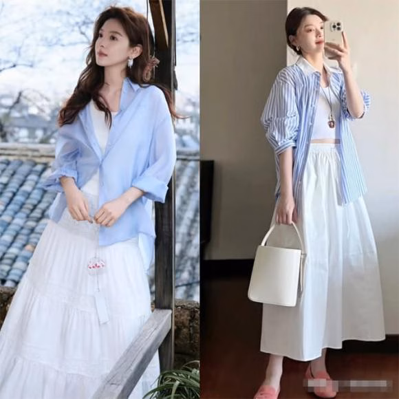 Áo sơ mi xanh kết hợp váy dài Áo sơ mi xanh kết hợp váy dài