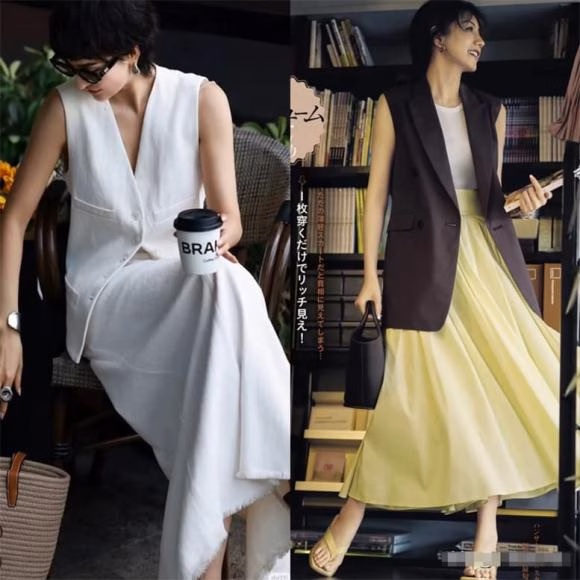 Áo vest và chân váy dài Áo vest kết hợp với chân váy dài
