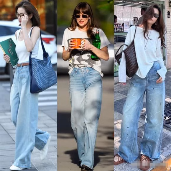áo phông trắng và quần ống rộng denim