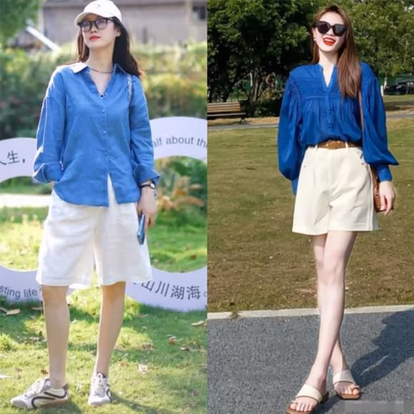 Quần trắng tinh kết hợp với áo màu xanh đậm