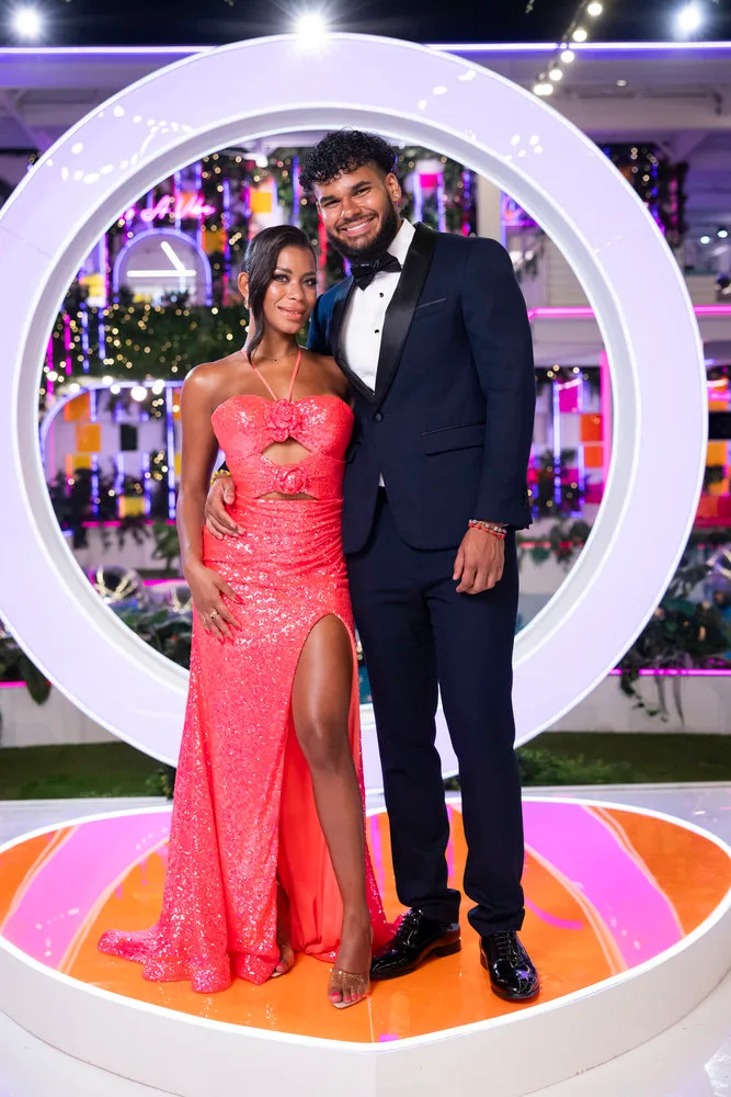 Love Island USA winners Amaya Espinal and Bryan Arenales. (Ben Symons/Peacock)