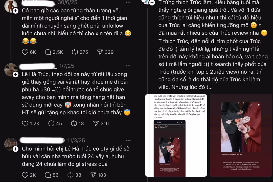Lê Hà Trúc lên tiếng xin lỗi vì quá khứ thiếu tinh tế Một số bài đăng trên nền tảng Threads liên quan đến nữ blogger Lê Hà Trúc. (Ảnh chụp màn hình).