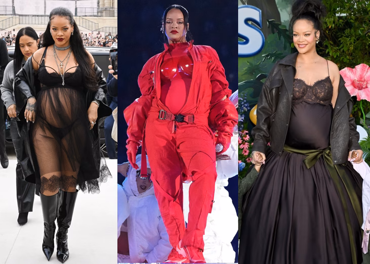 Từ trái qua: Ba trang phục biểu tượng gắn liền với ba lần mang thai của Rihanna - lần lượt là lần mang thai thứ nhất, thứ hai và thứ ba - Ảnh: VOGUE