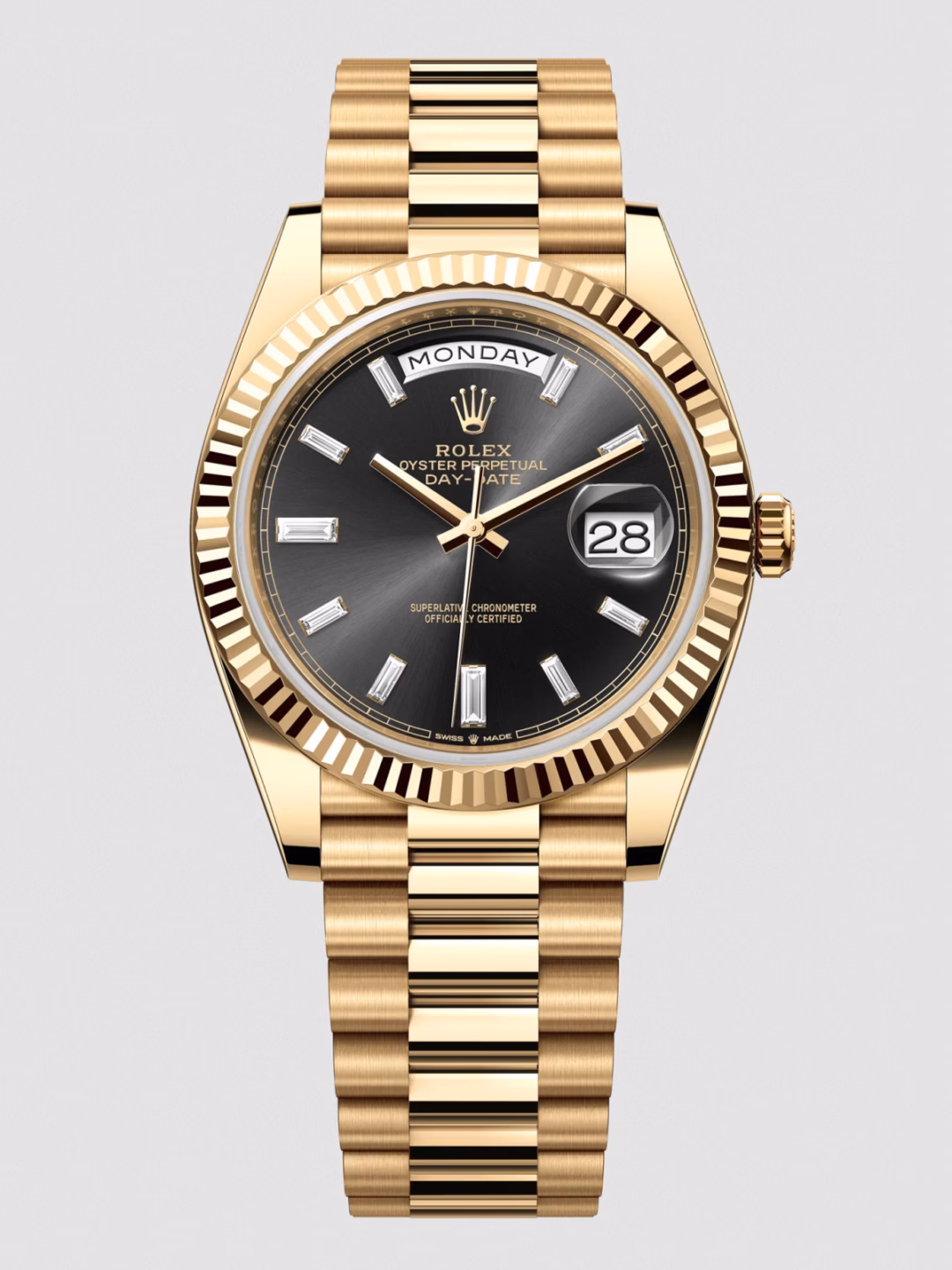 Rolex Day‑Date 40 mm l&agrave;m bằng v&agrave;ng 18K, đ&iacute;nh 10 vi&ecirc;n kim cương baguette, gi&aacute; 49.500 USD (&asymp;1,3 tỷ đồng)