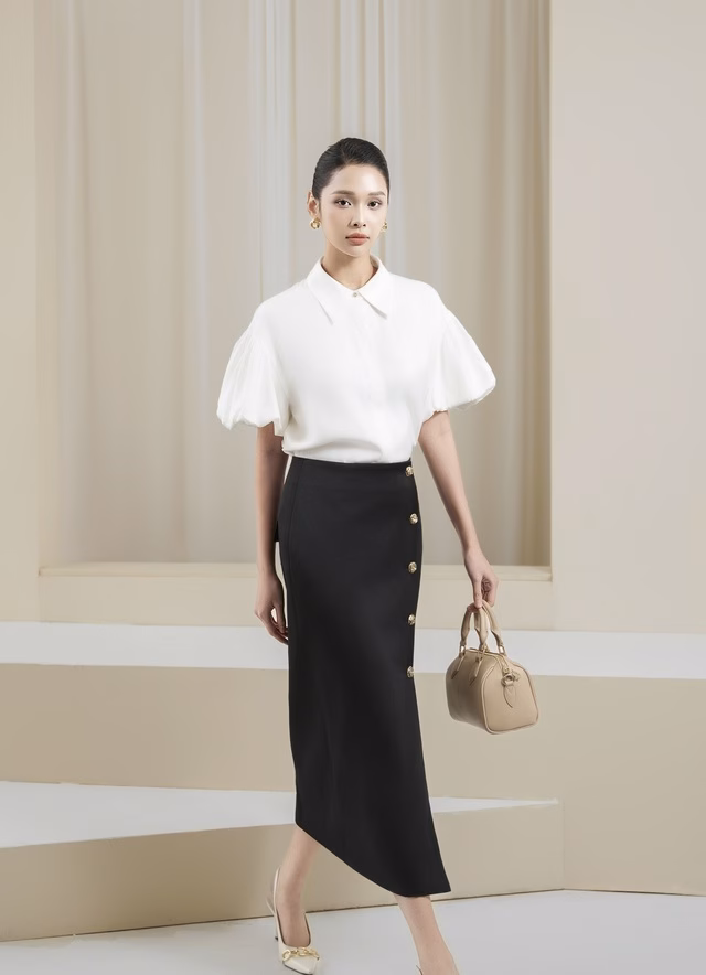 Áo sơ mi tay bồng phối chân váy midi