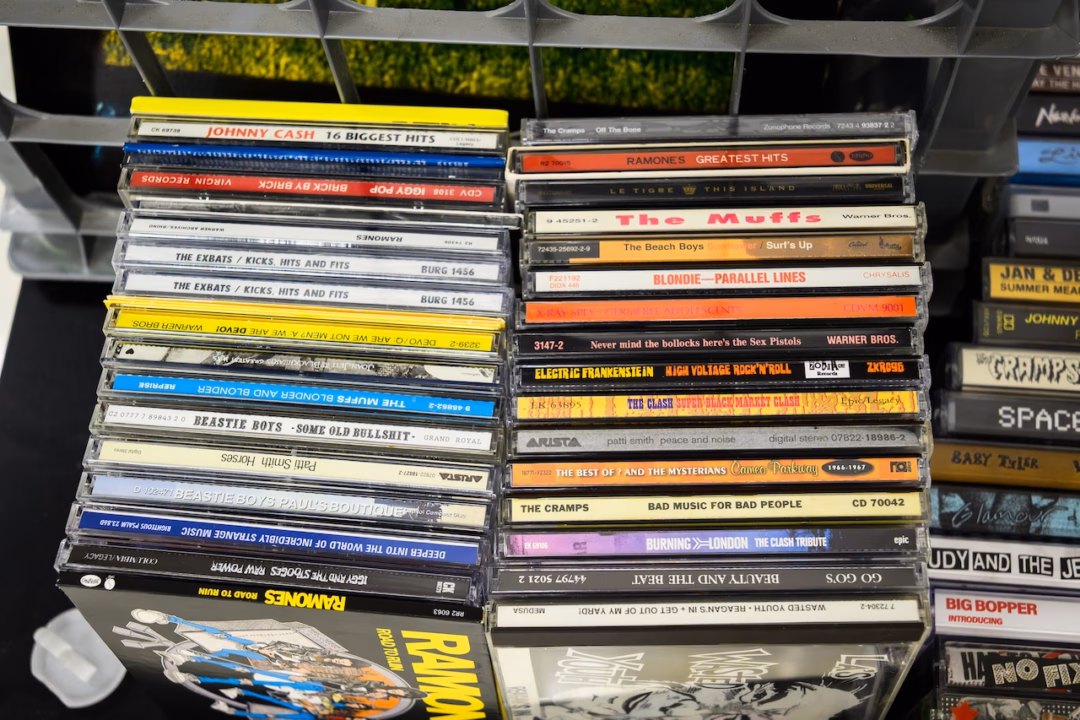 Associate Professor Sam Logan’s CD collection in his Oregon State University classroom.