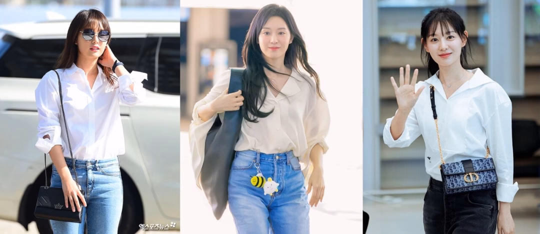 Kim Ji Won, gu thời trang, phong cách sân bay, sao Hàn mặc đẹp, sơ mi trắng, quần jeans