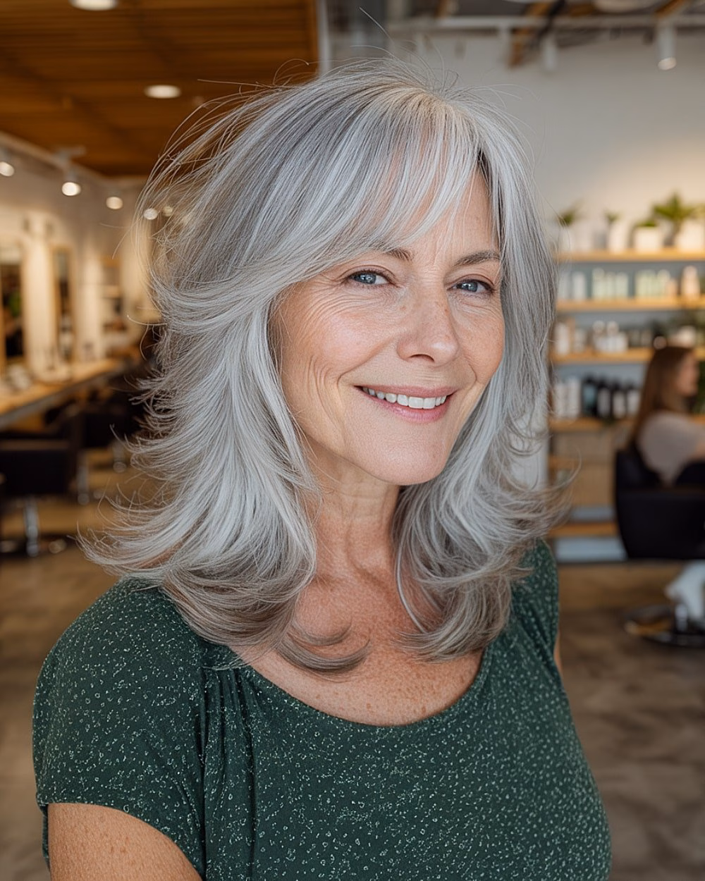 Tóc layer trung dài – Phong cách giúp chị em ‘đu’ tuổi 60 vẫn xinh Feathered medium-length gray hairstyle with layers and soft fringe for women over 60