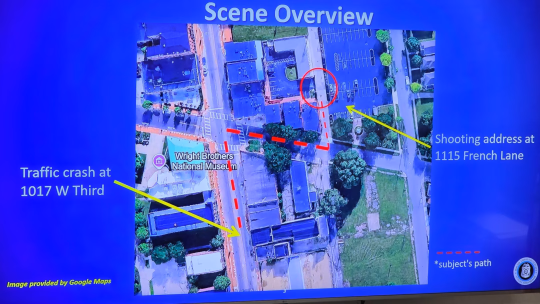 A still from body cam footage from a police officer who shot a suspect who was fleeing after a car crash on Thursday, July 24. Dash and body cam footage was shown at a news conference on Friday, July 25 at Dayton Police Department headquarters. BRYANT BILLING / STAFF