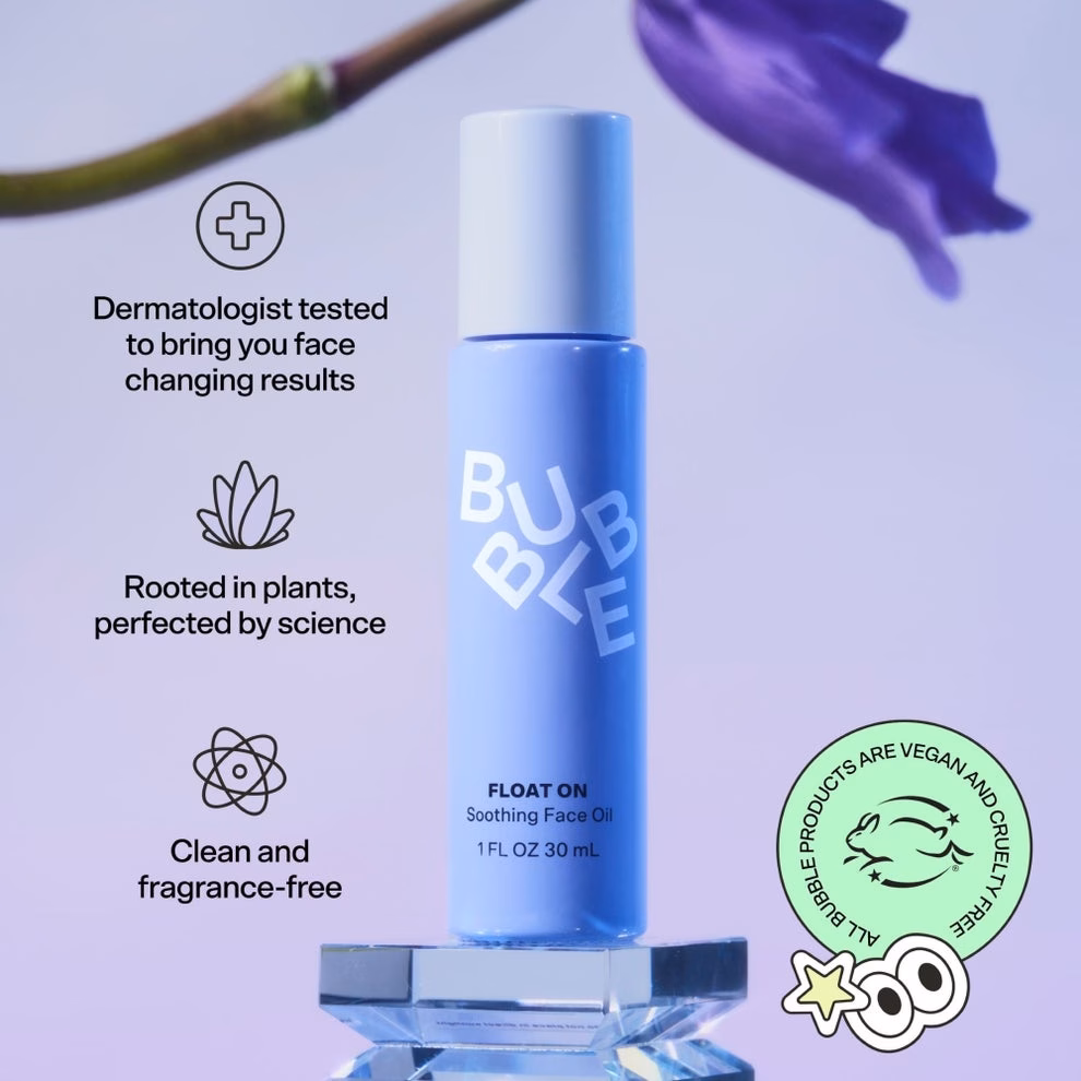 3 sản phẩm chăm sóc da và môi giúp giảm đỏ, mịn màng và dịu kích ứng Bubble Float On Soothing Face Oil on display with text promoting its dermatologist testing, plant roots, scientific perfection, and clean, vegan qualities