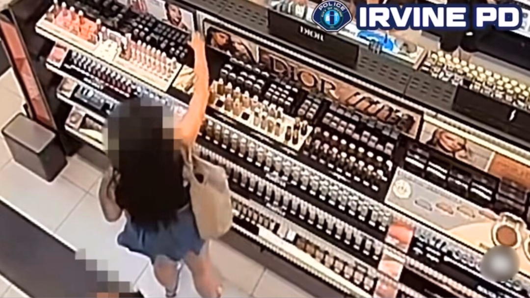 Surveillance cameras captured the female suspect entering a Sephora beauty store at the Irvine Spectrum Center mall in Irvine and stealing over $900 worht of beauty products on July 30, 2025. (Irvine Police Department)