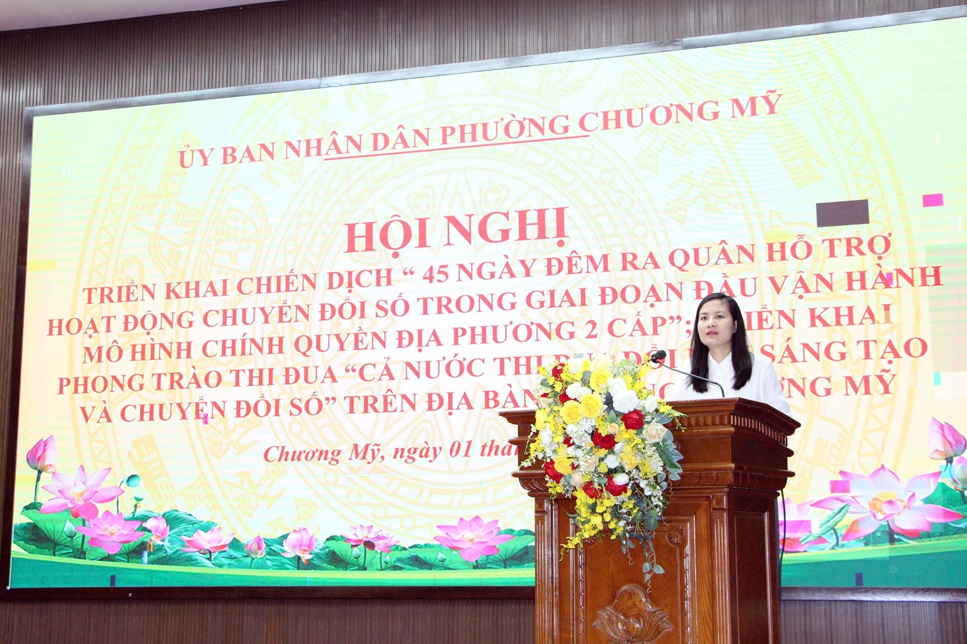 Phó Chủ tịch UBND phường Chương Mỹ Nguyễn Thị Kim Anh phát biểu tại hội nghị. Ảnh: Kim Nhuệ