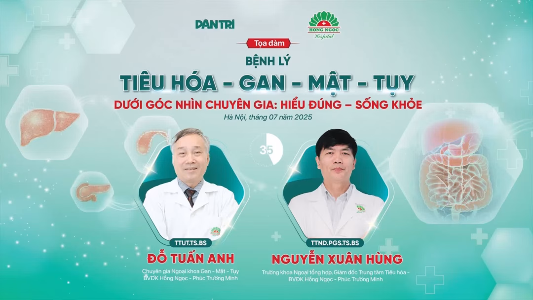 Chuyên gia giải đáp: Hiểu đúng về bệnh lý tiêu hóa, gan mật tụy để sống khỏe Thầy thuốc Nhân dân, PGS.TS.BS Nguyễn Xuân Hùng (thứ hai bên trái) và Thầy thuốc Ưu tú, TS.BS Đỗ Tuấn Anh tham gia chương trình toạ đàm (Ảnh: Mạnh Quân).