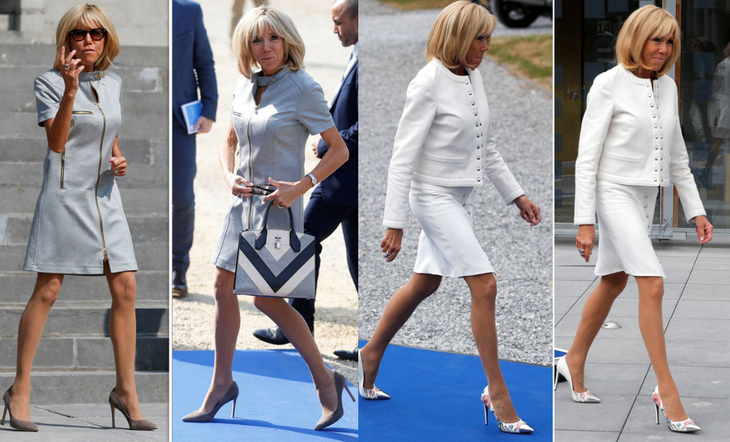 Đệ nhất phu nhân Pháp Brigitte Macron: Phong cách thời trang tinh tế và tự do Đệ nhất phu nhân Pháp thích mặc trang phục tông xuyệt tông, ít họa tiết và có phần ôm dáng, đặc biệt phải để lộ đôi chân dài thân trứ danh của bà - Ảnh: REUTERS