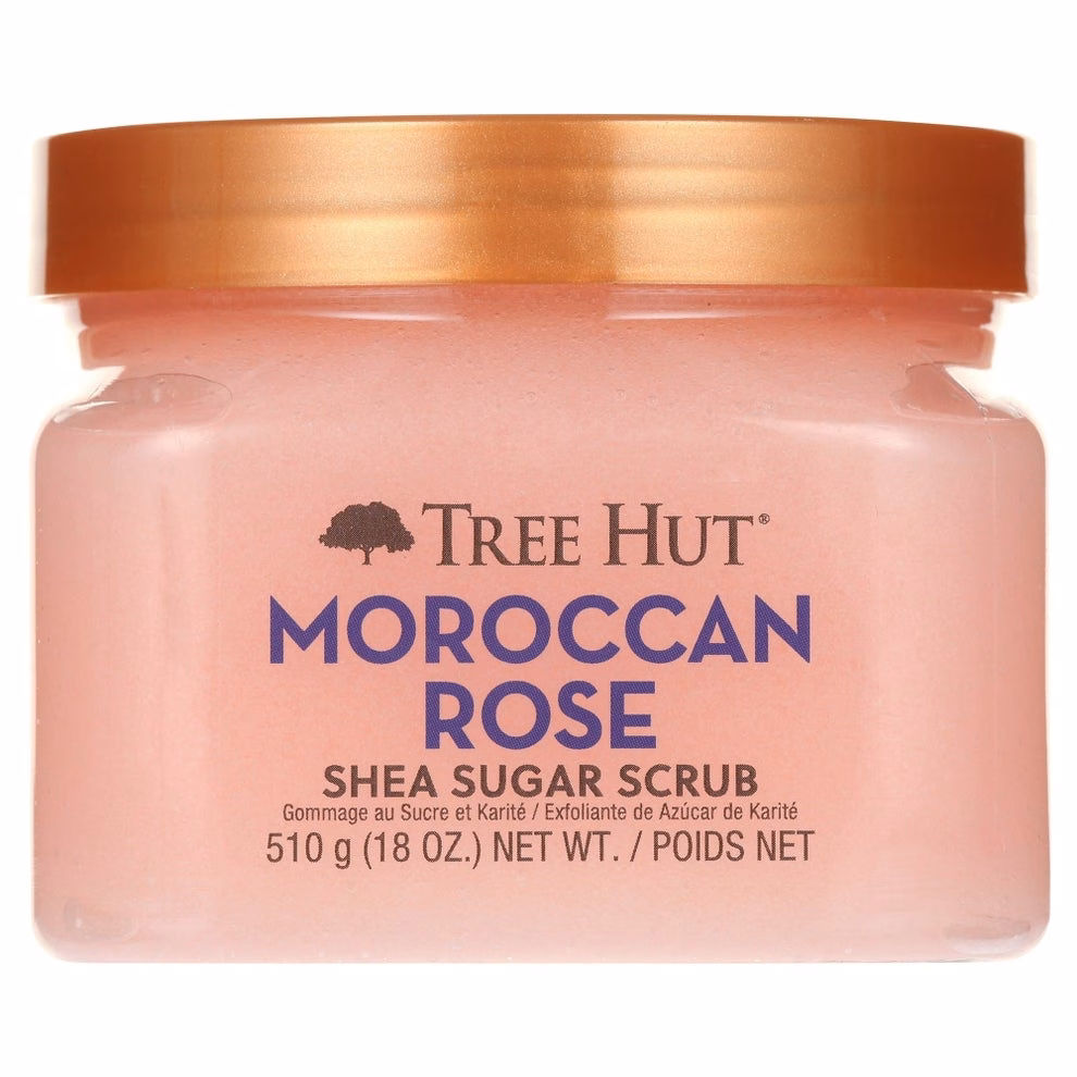 Tree Hut Moroccan Rose Shea Sugar Scrub in a jar, labeled with bilingual text, 510g (18 oz)