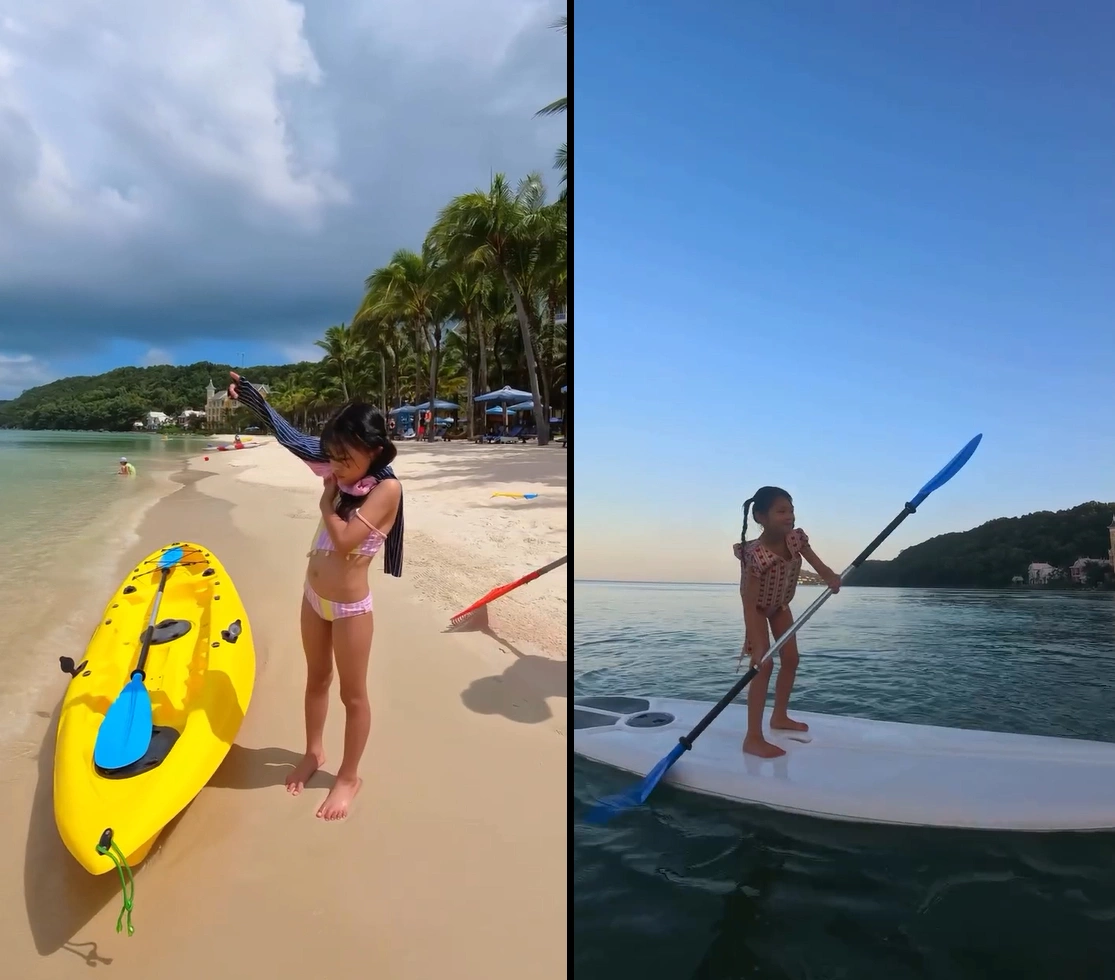 Con gái cặp sao thử chèo thuyền kayak và chơi ván đứng SUP.