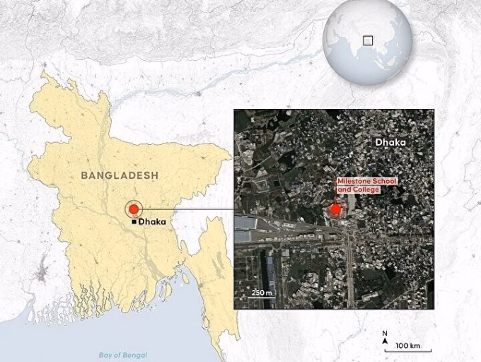 Máy bay quân sự rơi ở Bangladesh, 20 người chết Vị trí máy bay rơi ở Dhaka. Ảnh: Anadolu Agency