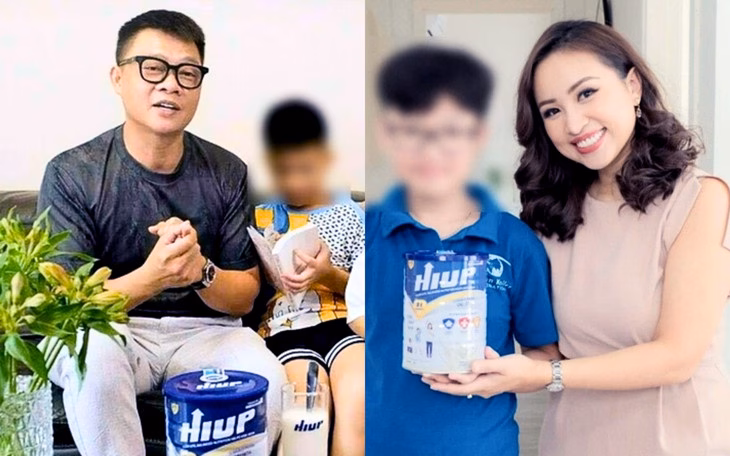BTV Quang Minh, MC Vân Hugo trong hình ảnh quảng cáo sữa Hiup. Hai người nổi tiếng này bị phạt lần lượt 37,5 và 70 triệu đồng. (Ảnh chụp màn hình)