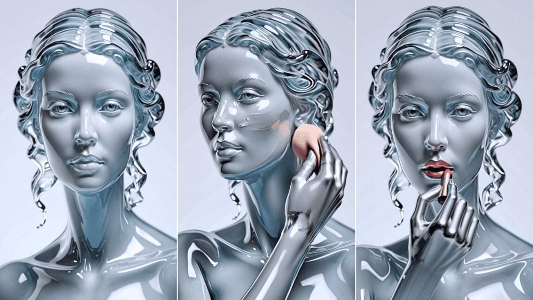 A collage of AI-generated glass makeup visuals showing a transparent mannequin face applying foundation, eyeshadow, mascara, and lipstick in a hyper-realistic style.