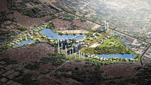 Phối cảnh tổng thể khu c&ocirc;ng vi&ecirc;n c&ocirc;ng nghệ số FPT tại H&agrave; Nội