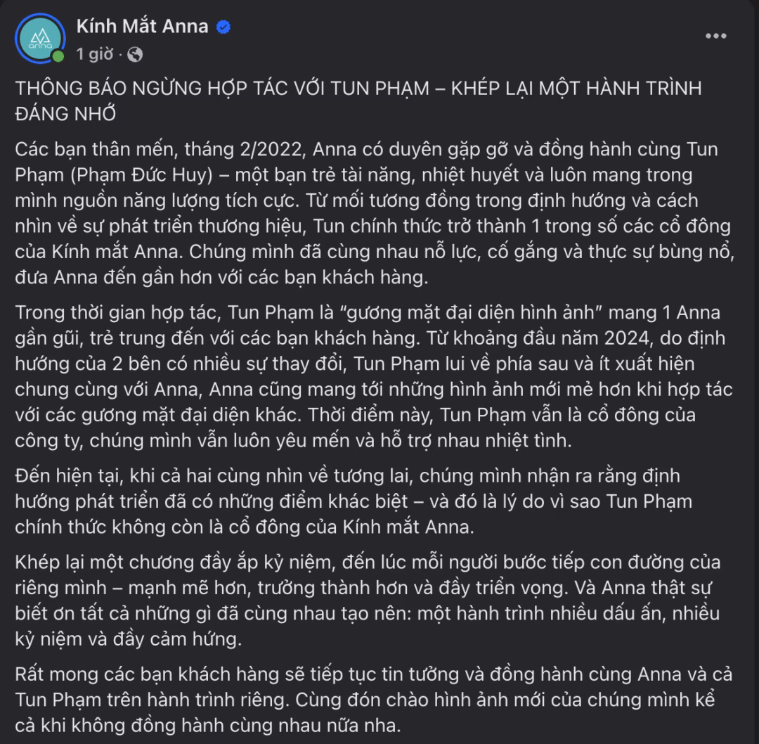 Kính mắt Anna và Tun Phạm dừng hợp tác: "Tun Phạm chính thức không còn là cổ đông của hãng"- Ảnh 2.
