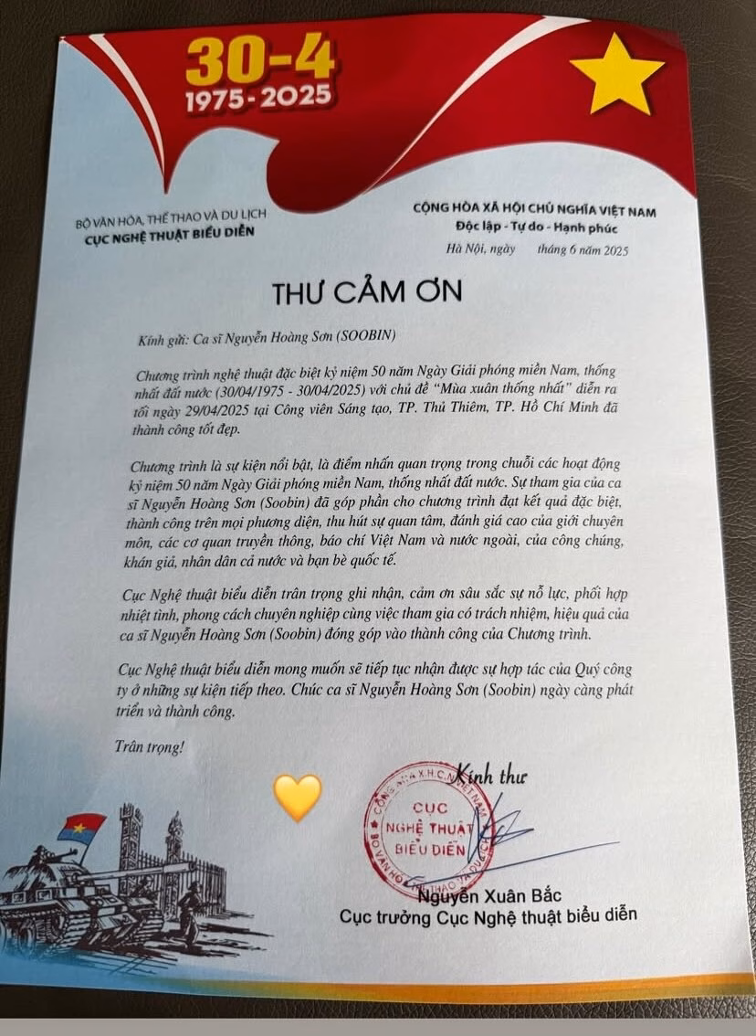 Ca sĩ Nguyễn Hoàng Sơn được Cục Nghệ thuật gửi thư cảm ơn May be an image of text