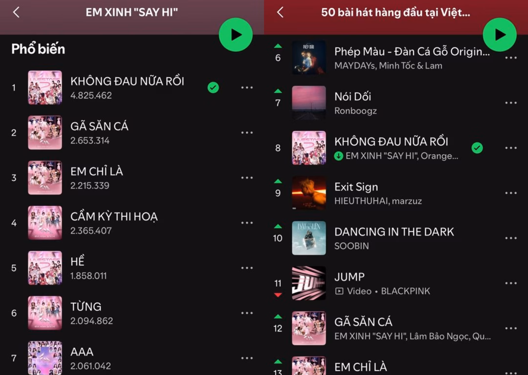 BXH Spotify và tổng stream ngày 22/7 của Không Đau Nữa Rồi trên Spotify
