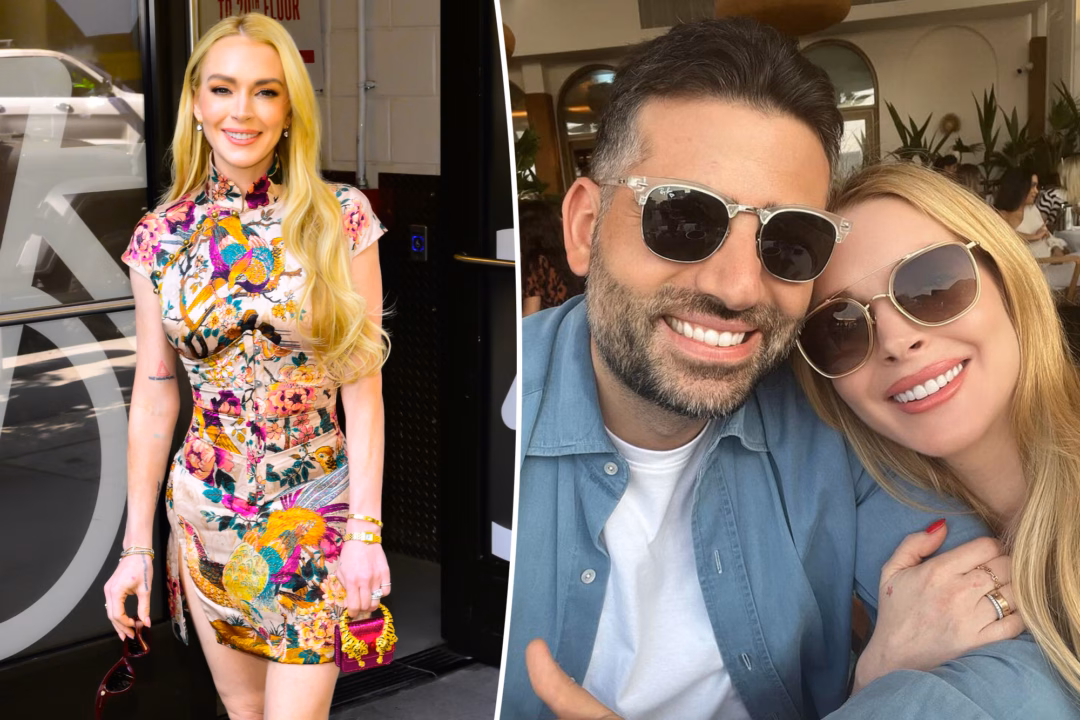 Lindsay Lohan posing in a colorful mini dress split with her and her husband, Bader Shammas.