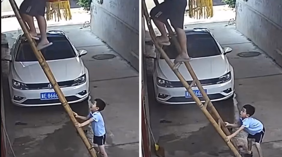 Cậu bé 6 tuổi cứu bố Cậu bé 6 tuổi giữ chặt thang cứu bố