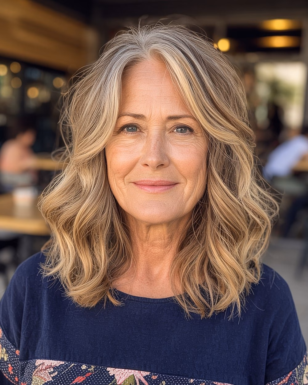 Tóc tầng trung giúp chị em U60 trẻ trung, dễ chăm sóc Layered medium haircut with natural waves and beige-blonde highlights for mature women