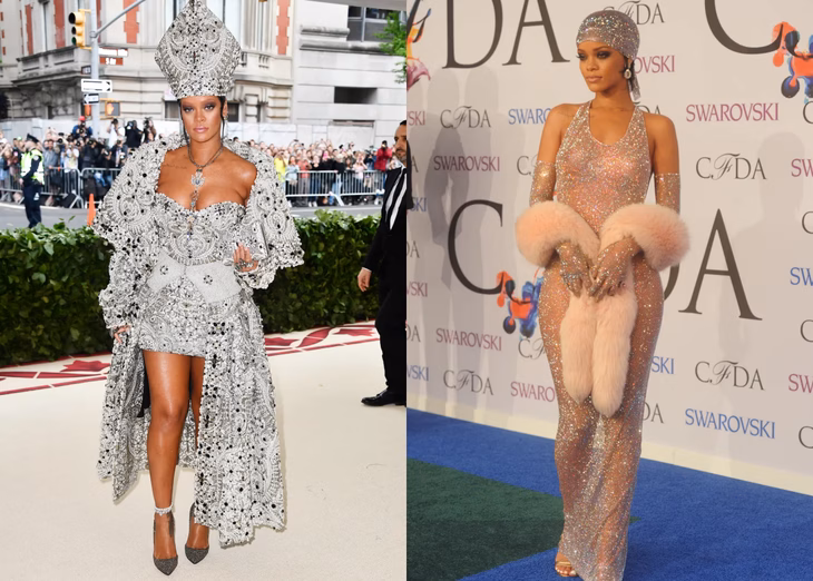 Rihanna phá phong cách thời trang bà bầu với loạt outfit táo bạo Hai bộ trang phục gây sốt truyền thông của Rihana tại Met Gala 2018 (trái) và lễ trao giải thời trang CFDA 2014 - Ảnh: FilmMagic/ WireImage