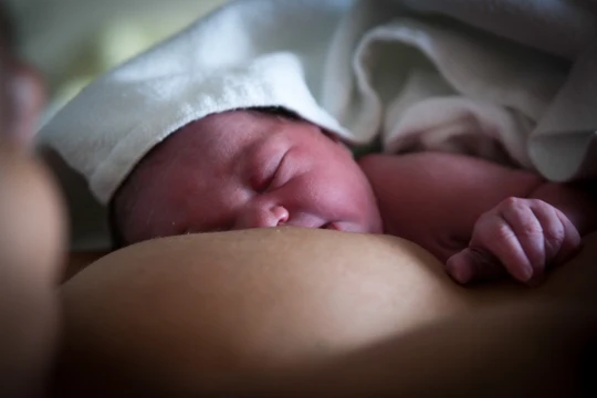 Tuần lễ Thế giới Nuôi con bằng sữa mẹ: Lợi ích cho cả mẹ và bé Bé sơ sinh bú sữa mẹ tại bệnh viện ở Ygos-Saint-Saturnin, Pháp. (Ảnh: AFP/TTXVN)